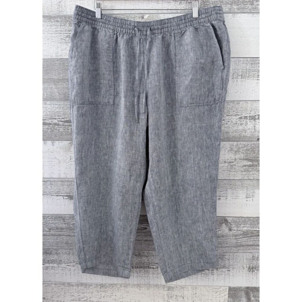 Lands End 100% Linen Pull On Cropped Pants Size 20w Blue Coastal Beachy